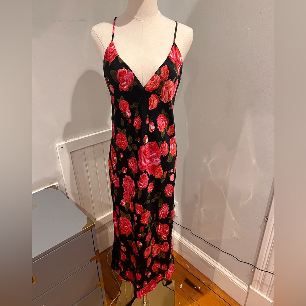 L'AGENCE Black Slip Dress with Pink and Red Rose Print